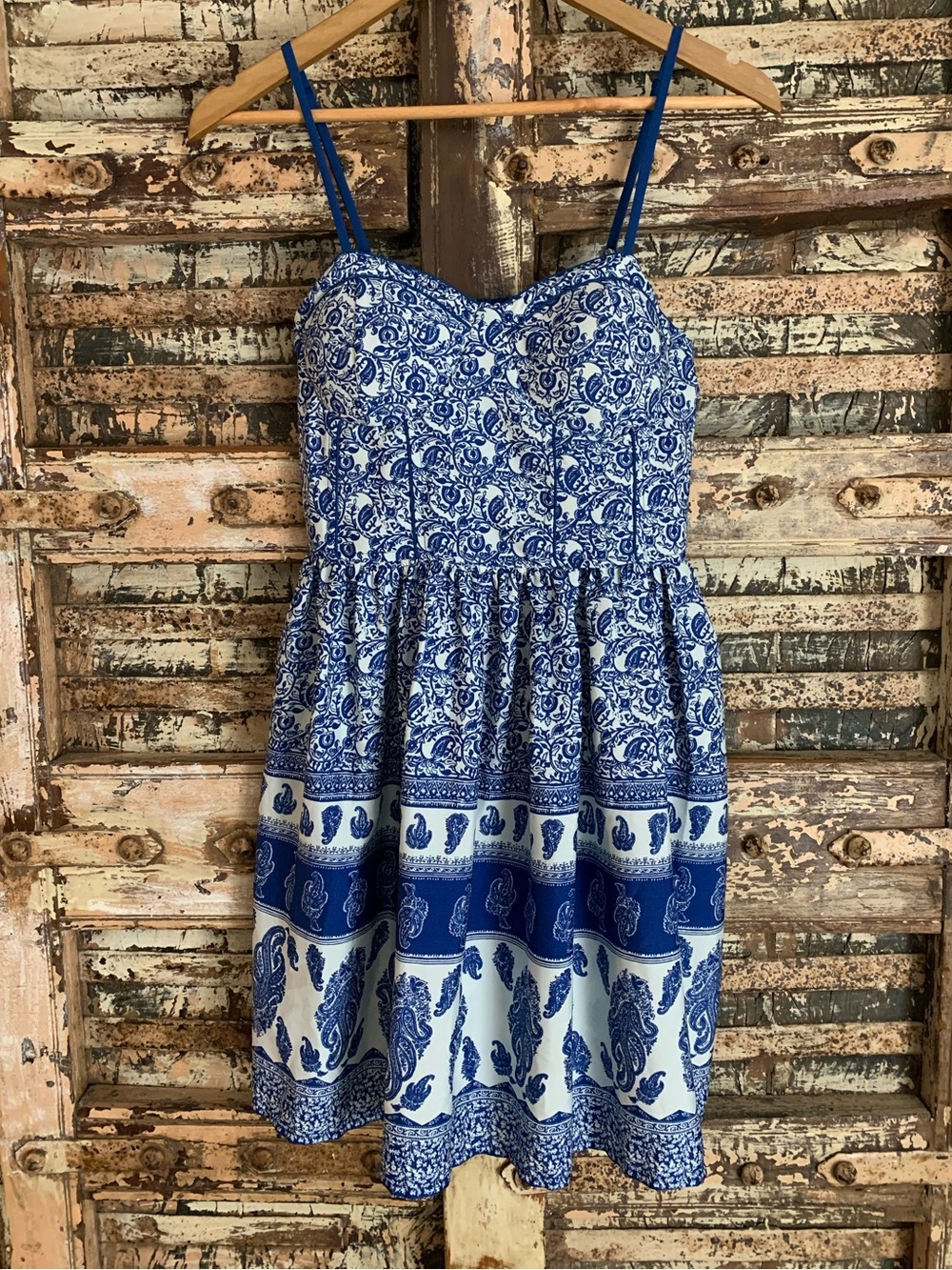 Zoe & Rose Band of Gypsies Blue Paisley Bustier Sundress, Smocked, Mini, EUC, M